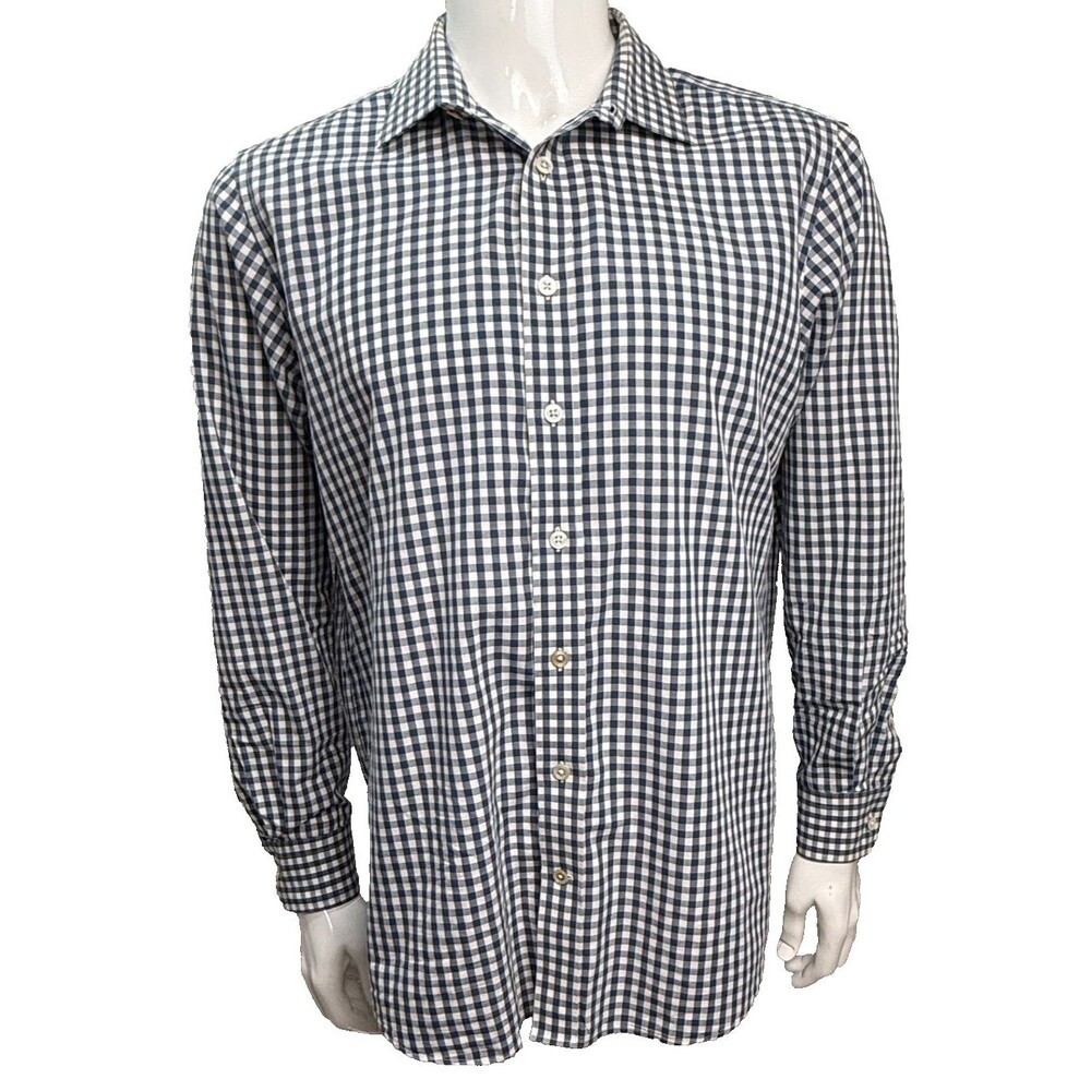 Trumaker Blue Checked Dress Shirt 16 Preppy Bespoke Button Up Long Sleeve Office